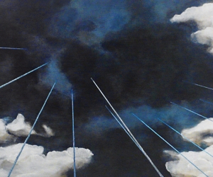 21 Attenuations (Detail View From Below) • Installation, Acrylic on Wood Panel, Acrylic Painted Strings, Faucet Valves and Industrial Steel Mesh, Variable Height up to 240 x 96 x 48 inches (up to Height of 609.6 x 243.84 x 121.92 cm)