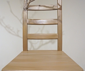 Deception • Straight on Detail • 2017 • Mixed Media Black Walnut Branch, Found Chair, Acrylic Paint, Sumac Roots and Faux Roots, Black Walnuts, Potting Soil • 112 inches x 70 inches x 60 inches (285 cm x 178 cm x 122 cm)
