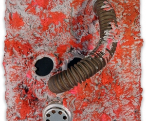 Missing • Mixed Media, Concrete and Acrylic on panel with World War I Gas Mask, Sonic (Singing) Interactive: Speakers mounted at hose end with sound exiting mask’s speaker, Electronics mounted on back, 12 x 12x 6.5 inches (30.5 x 30.5 x 16.5 cm)